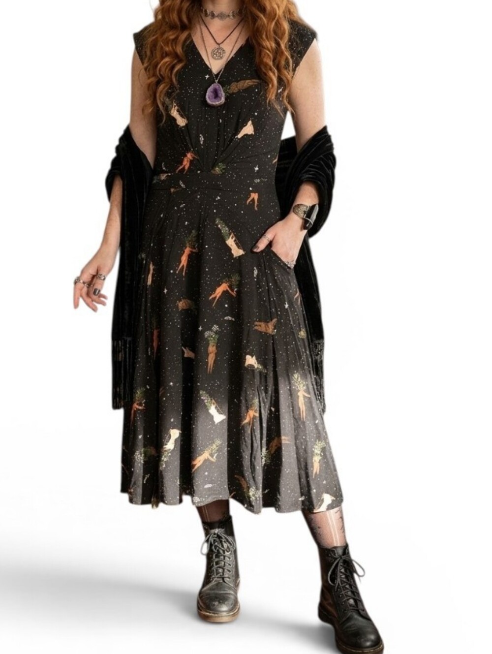 Field Day Oakland Celestial Goddess Print Midi Dress Black Size Medium